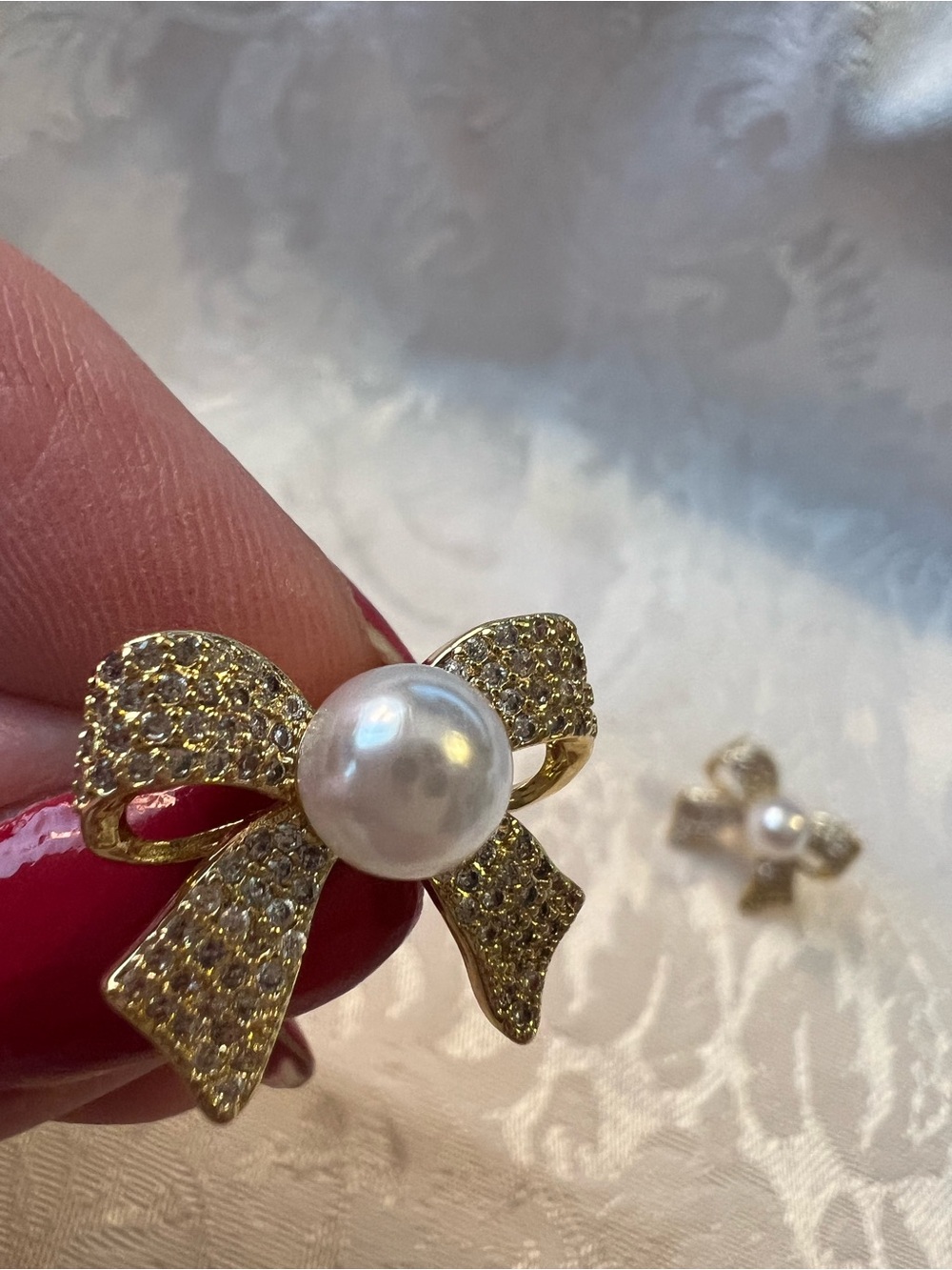 Gold Bow Pearl Stud Earrings with Crystals NWT